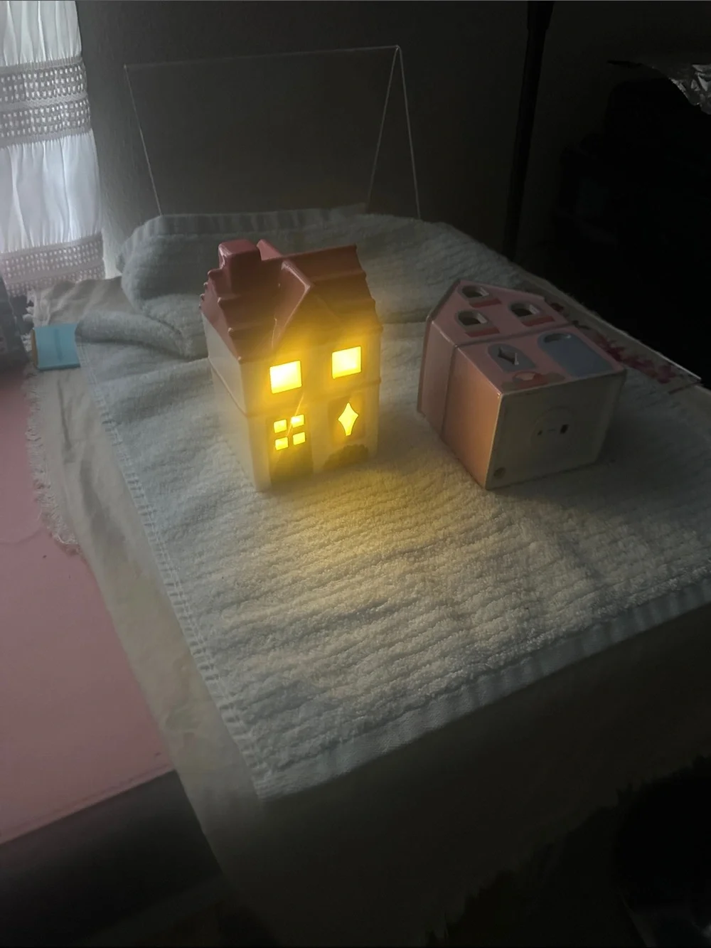 Set of 2 Decorative Pink Ceramic Cottage Homes that light up
